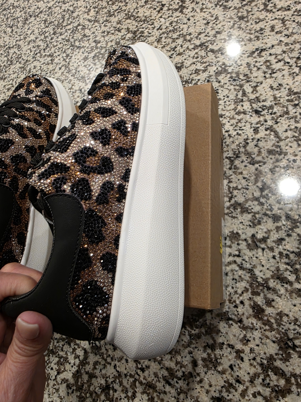Leopard Print Crystal Embellished Women's Sneakers - Black & Brown - Picture 9 of 10